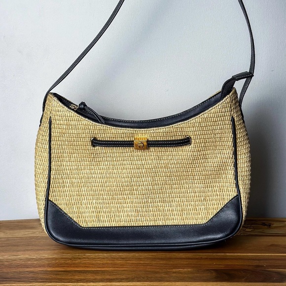 Vintage Etienne Aigner Navy Leather Shoulder Bag: Basketweave Summer Purse - Picture 2 of 7